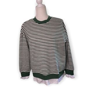 CALI BE Nordstrom Pullover Sweater Green White Stripe Peekaboo Hem SZ S NWT